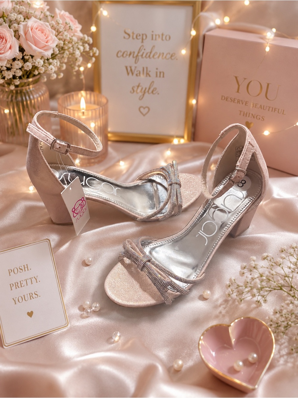 NWT Sugar Blush Pink Rhinestone Bow Block Heel Sandals Size 8